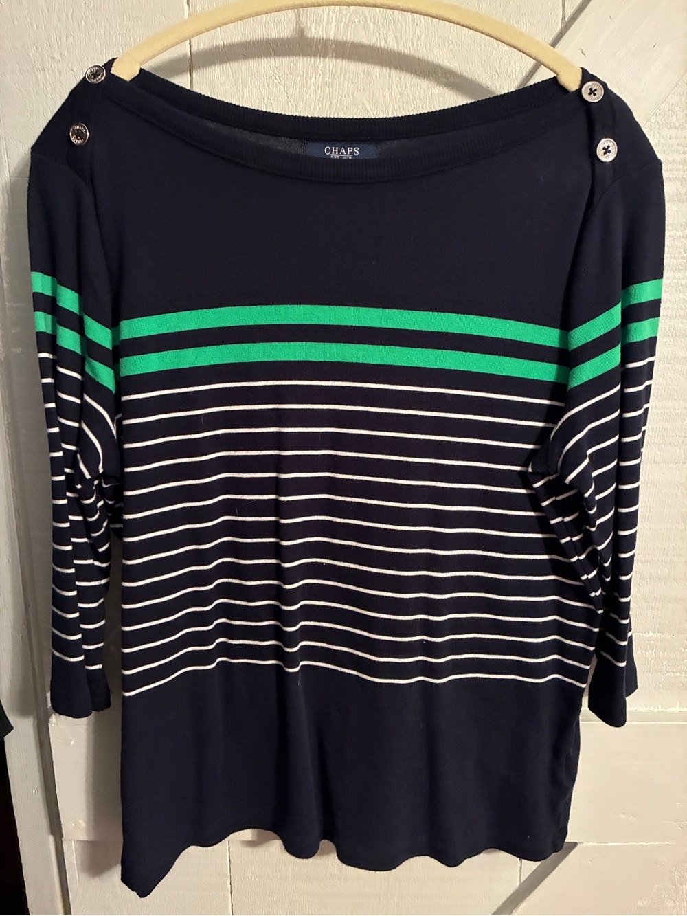 Chaps sz 1X boat neck 3/4 sleeve navy w green & white stripe T